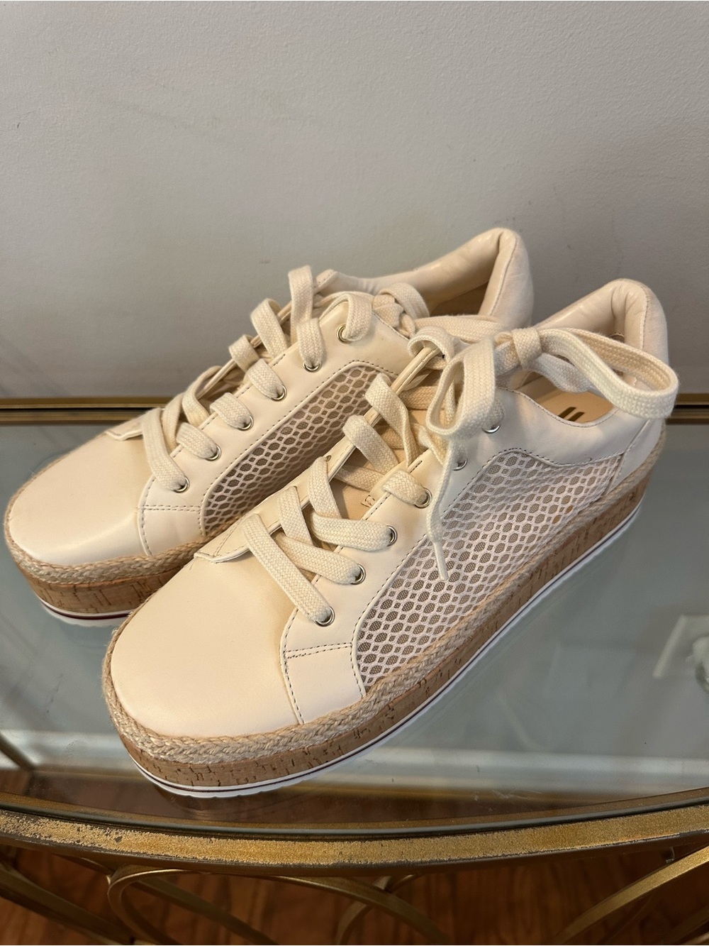 Jennifer Lopez Cream Platform Lace-Up Sneakers